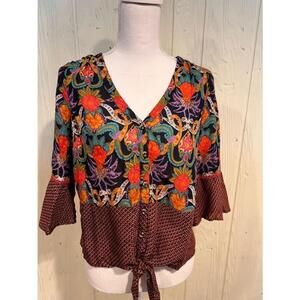 Maeve by Anthropologie Floral Blouse Black Orange Size M